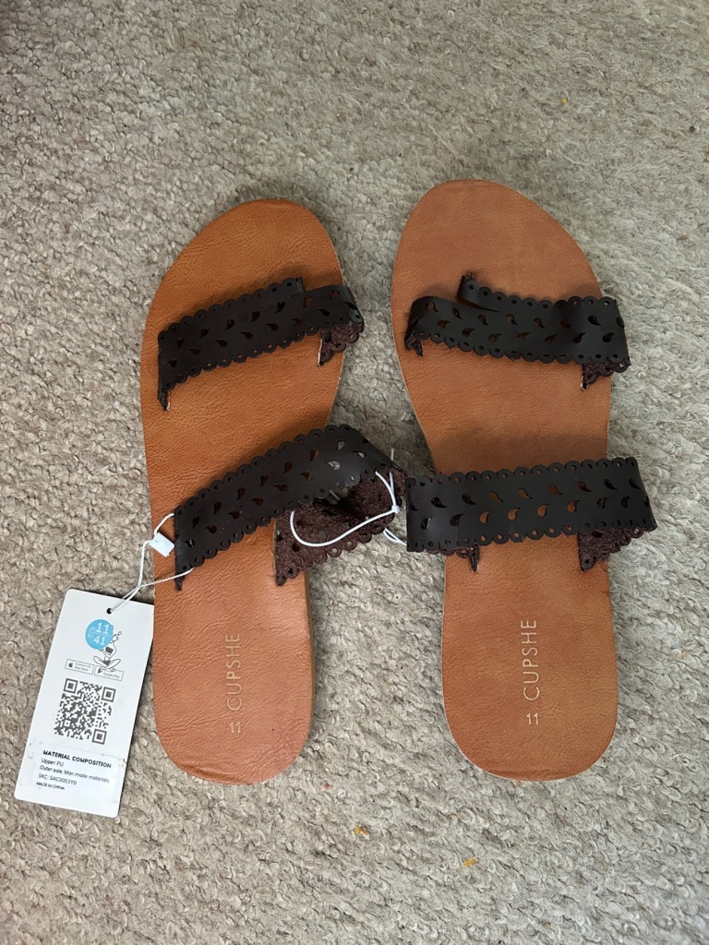 Cupshe Tan Footbed Sandals with Black Laser-Cut Double Straps